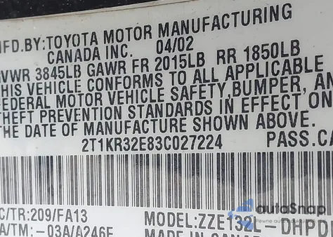 2003 Toyota Matrix Standard из США, поврежденный, VIN 2T1KR32E83C027224